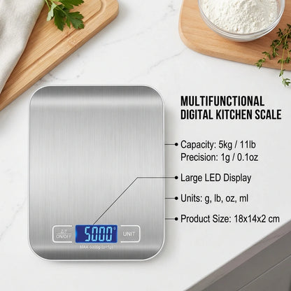 Digital Kitchen Scale with LED Display 5kg/1g Stainless Steel Electronic Weighing for Food Jewelry Snacks Baking Home Tools