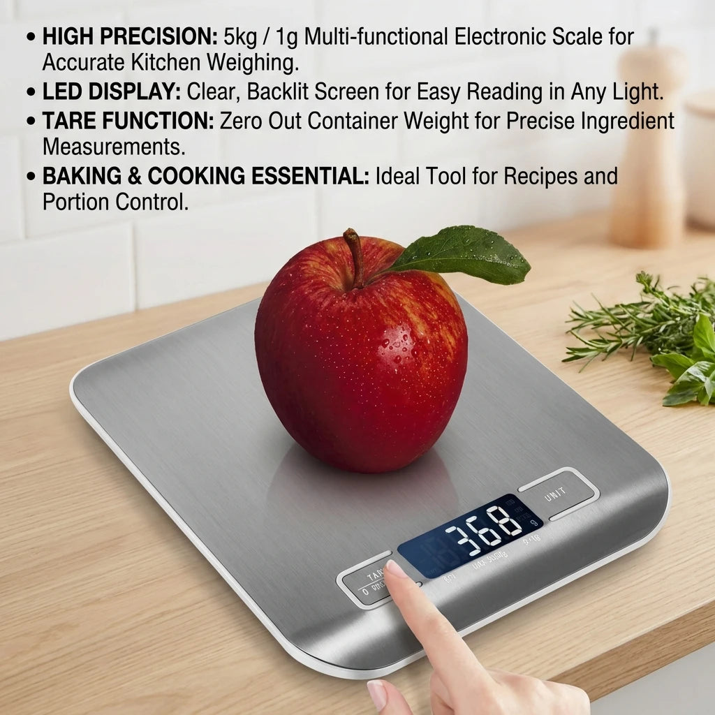 Digital Kitchen Scale with LED Display 5kg/1g Stainless Steel Electronic Weighing for Food Jewelry Snacks Baking Home Tools