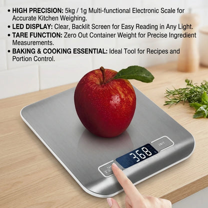 Digital Kitchen Scale with LED Display 5kg/1g Stainless Steel Electronic Weighing for Food Jewelry Snacks Baking Home Tools